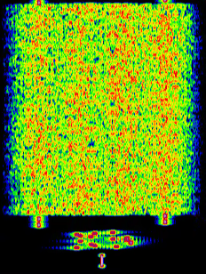 Waterfall display of Olivia 500/4 - CQ CQ CQ de K6OZY showing solid filled pattern with 4 tones