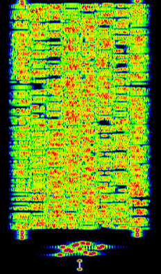 Waterfall display of Olivia 500/8 - CQ CQ CQ de K6OZY showing denser pattern with 8 tones